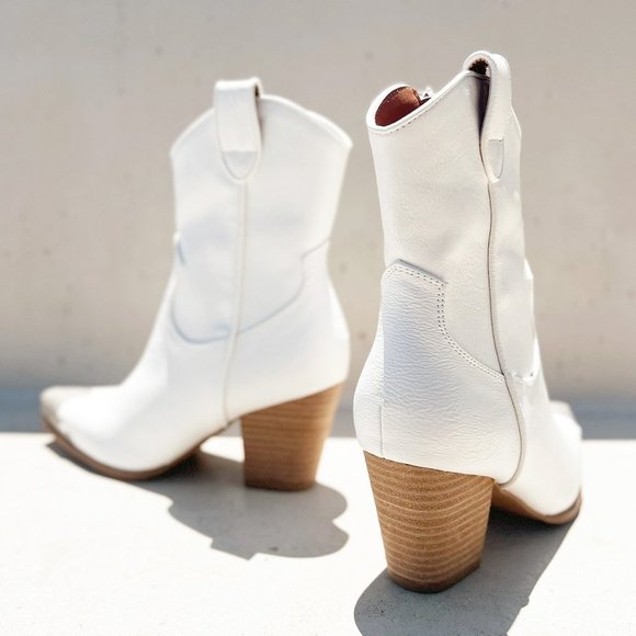 NEW White PU Leather Metal Cap Toe Block Heel Cowgirl Cowboy Western Ankle Boots - Picture 10 of 16